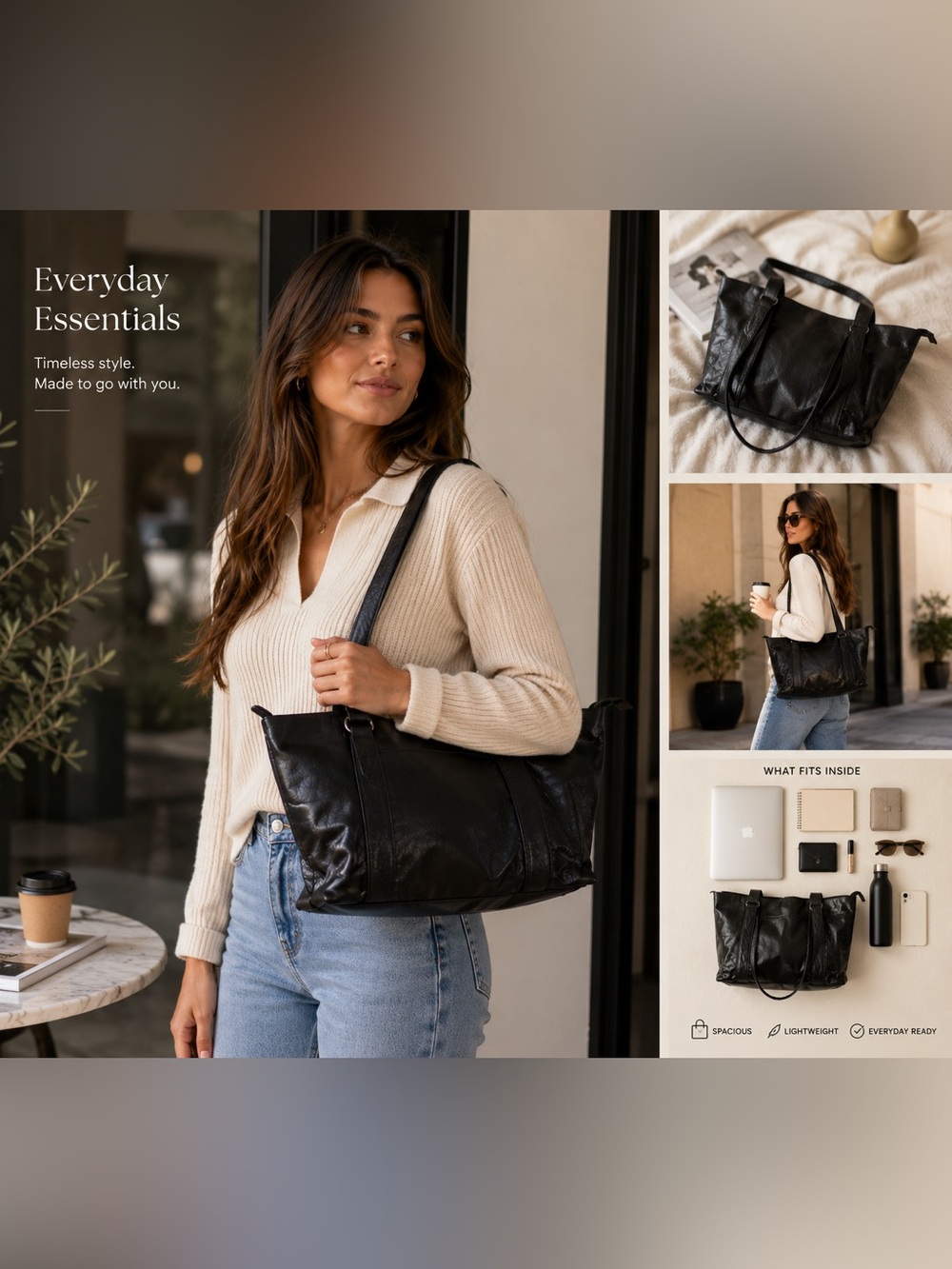 Vintage Black Leather Tote Bag